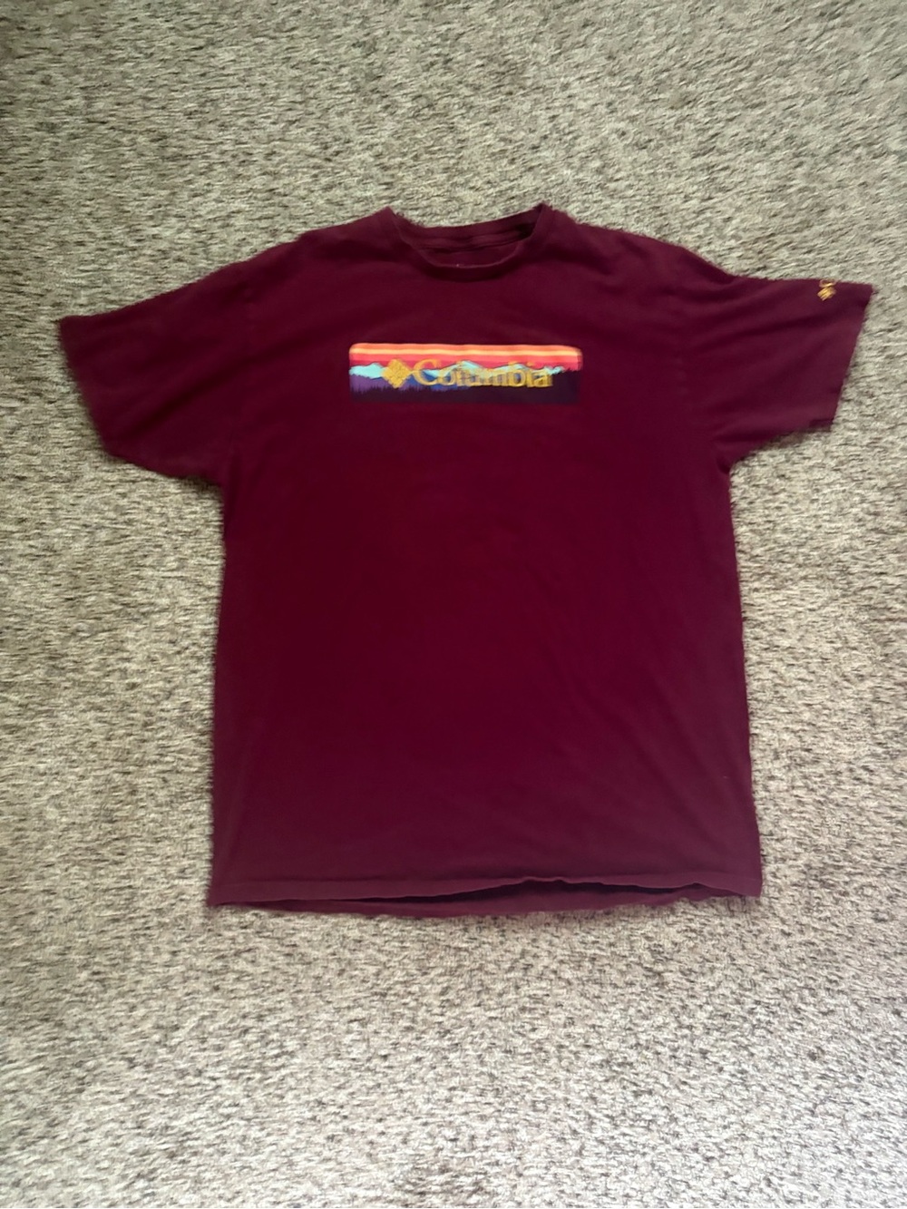 Columbia Men's Burgundy Short Sleeve Logo Tee with Multicolor Chest Graphic